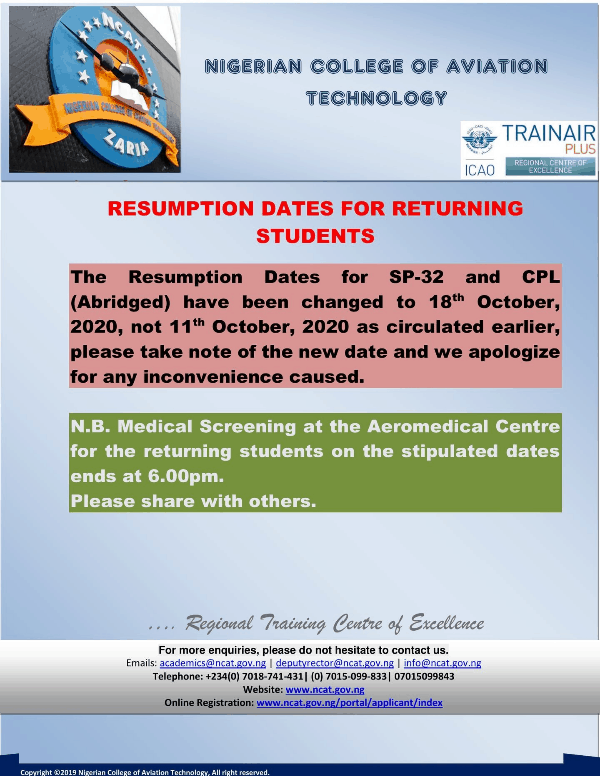NCAT Resumption Date for Training Activities