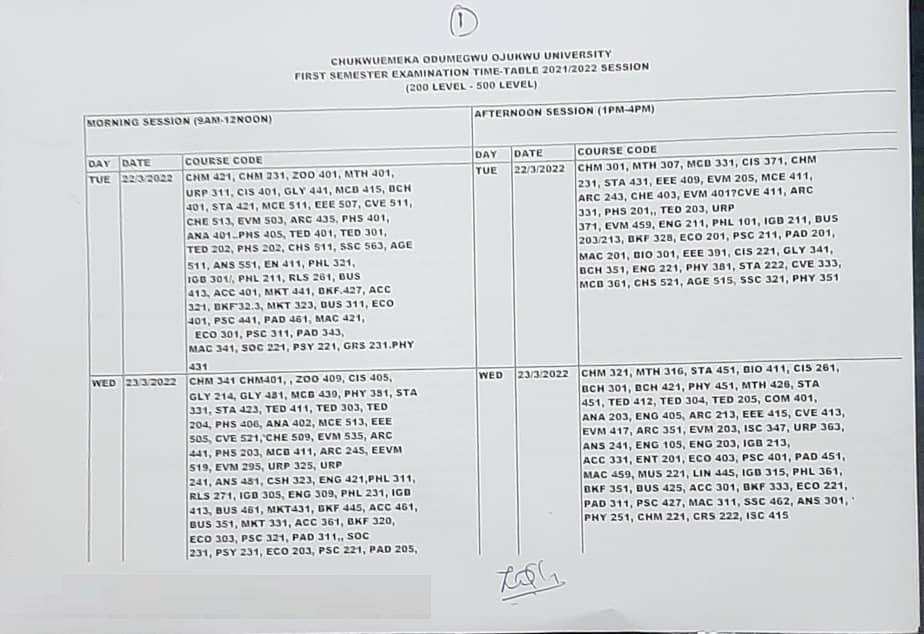 COOU Examination Timetable 1