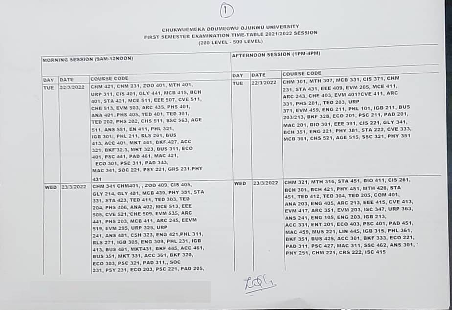 COOU Examination Timetable 1 COOU Examination Timetable 1
