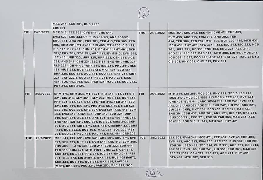 COOU Examination Timetable 2 COOU Examination Timetable 2