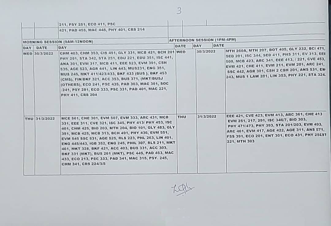 COOU Examination Timetable 3 COOU Examination Timetable 3