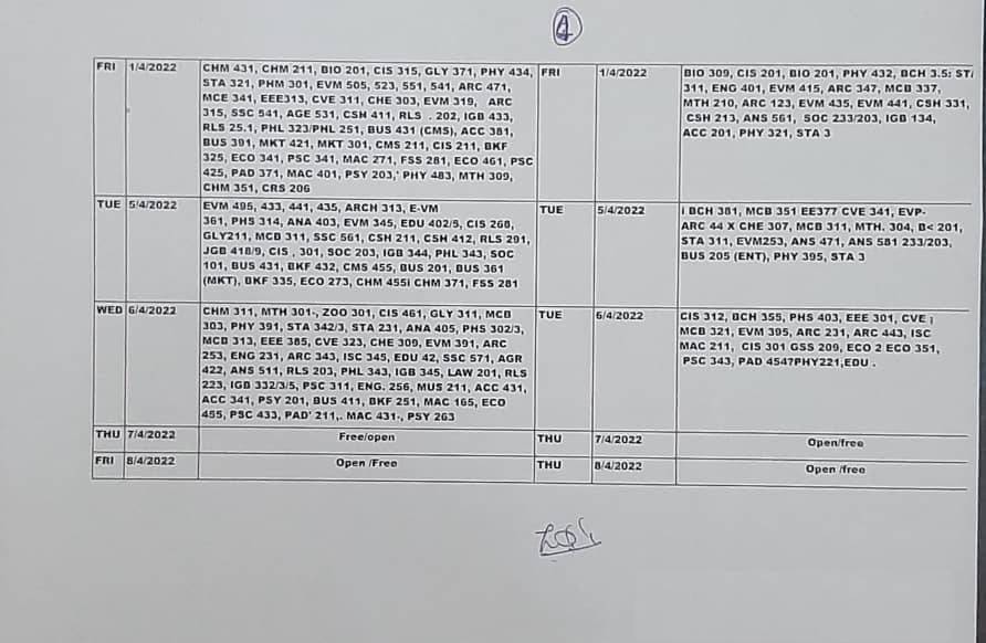 COOU Examination Timetable 4