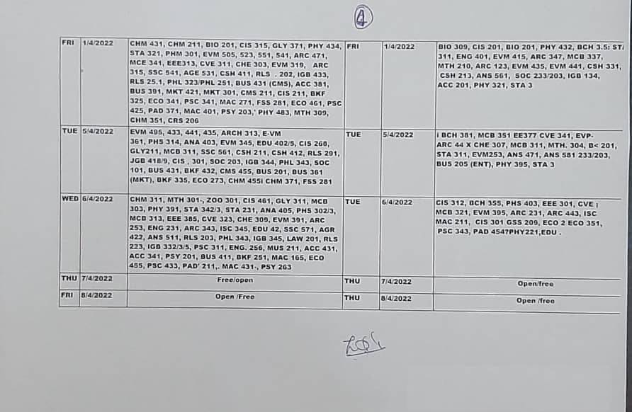 COOU Examination Timetable 4 COOU Examination Timetable 4
