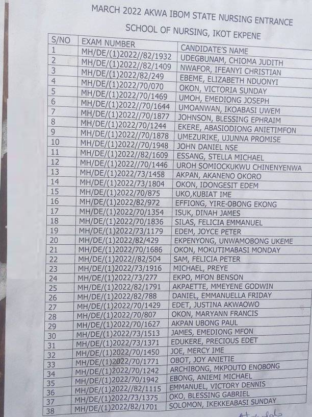 Schools of Nursing Ikot Ekpene Admission list