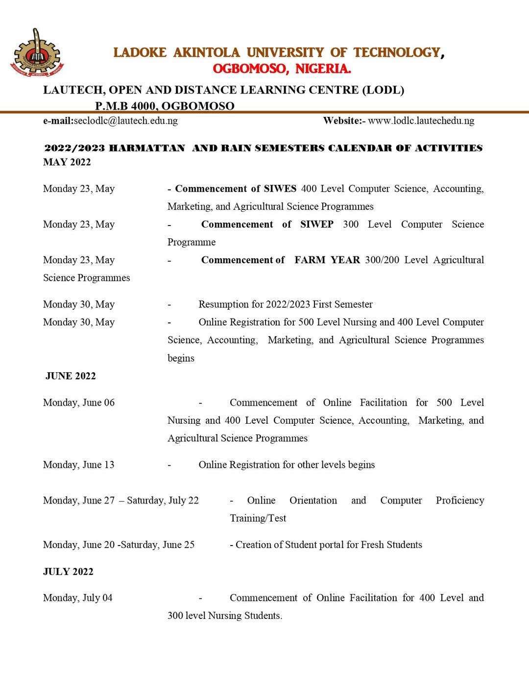 LAUTECH ODL Academic Calendar 1 LAUTECH ODL Academic Calendar 1
