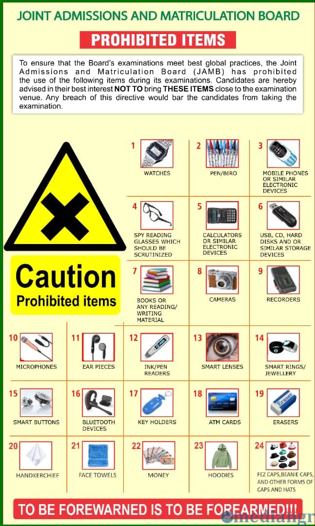 Official JAMB List of Prohibited Items in Exam Hall Official JAMB List of Prohibited Items in Exam Hall